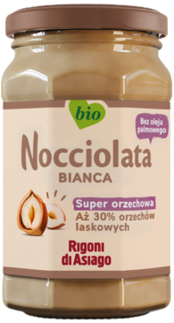 Nocciolata Bianca bio, krem orzechowy z 30% orzechów laskowych, w słoiku, bez oleju palmowego, widok z przodu.