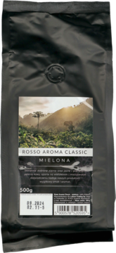Widok z przodu czarnej torebki kawy mielonej Rosso Aroma Classic 500g, etykieta z górskim krajobrazem.