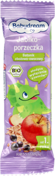 Fioletowy baton Babydream Jabłko-porzeczka, zbożowo-owocowy, z rysunkiem dinozaura, jabłka i porzeczek, widok z przodu.