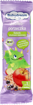 Fioletowy baton Babydream Jabłko-porzeczka, zbożowo-owocowy, z rysunkiem dinozaura, jabłka i porzeczek, widok z przodu.