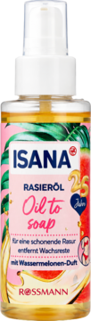 Isana olejek do golenia Oil to Soap o zapachu arbuza w butelce z pompką, z etykietą w arbuzy i liście, widok z przodu.