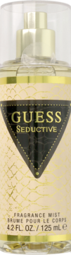 GUESS Seductive Fragrance Mist w złotej butelce z wężowym wzorem, czarną etykietą i złotym napisem, widok z przodu.