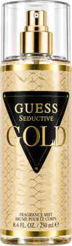 Złoty Guess Seductive Gold Fragrance Mist 250ml w butelce ze wzorem skóry węża, widok z przodu.