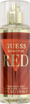 Guess Seductive Red Bodymist, czerwona butelka ze złotym atomizerem, widok z przodu, 125 ml.