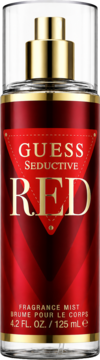 Guess Seductive Red fragrance mist, czerwona butelka z błyszczącymi złotymi detalami i napisami, widok z przodu.