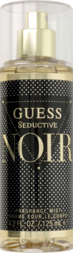 GUESS Seductive Noir mgiełka zapachowa, złota butelka z czarną etykietą w białe kropki, widok z przodu.