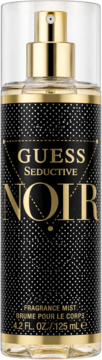 Guess Seductive Noir Fragrance Mist, czarna etykieta ze złotym napisem i kropkowanym tłem, widok z przodu.