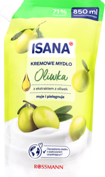 Zielono-biała saszetka uzupełniająca kremowe mydło ISANA Oliwka 850 ml z ekstraktem, z przodu widać oliwki.