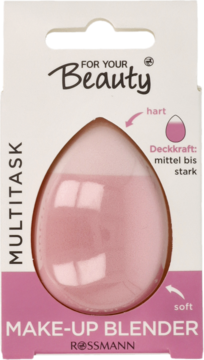 Różowy wielofunkcyjny Make-up Blender For Your Beauty Rossmann w białym opakowaniu kartonowym, widok z przodu.