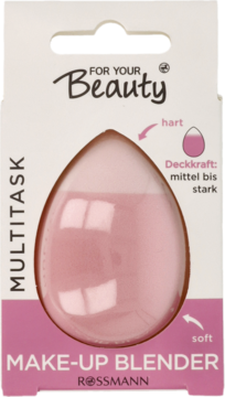 Różowy wielofunkcyjny Make-up Blender For Your Beauty Rossmann w białym opakowaniu kartonowym, widok z przodu.