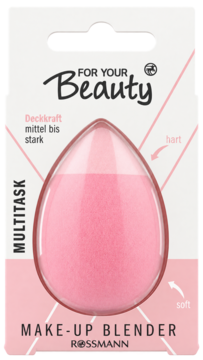 Różowy, wielofunkcyjny blender do makijażu Rossmann w kształcie łzy, zapakowany w blister, widok z przodu.