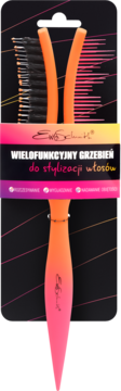 Wielofunkcyjny grzebień EwaSchoenK, ombre pomarańczowo-różowy, do tapirowania i stylizacji, widok w opakowaniu.
