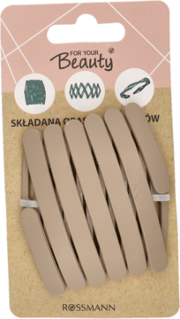 Beżowa składana opaska do włosów For Your Beauty Rossmann na kartonowym opakowaniu, widok z przodu.
