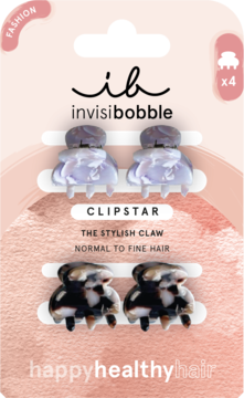 Zestaw invisibobble CLIPSTAR: 4 klamry do włosów, 2 jasne marmurkowe, 2 ciemne szylkretowe, na różowej karcie.