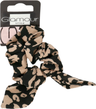 Gumka scrunchie do włosów w beżowo-czarny leopard print z ozdobnym wiązaniem, na karcie Glamour Style.