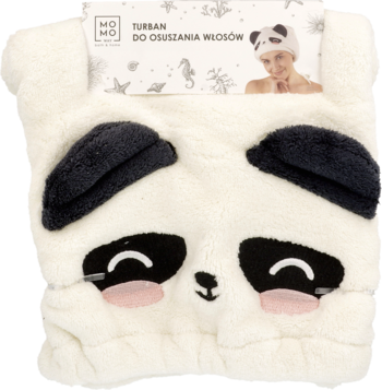 Puszysty turban do włosów MoMo Way panda, biało-czarny, z uroczą pandą na froncie, widok z opakowaniem.