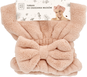 Pudroworóżowy turban MoMo Way do suszenia włosów, miękki, z dużą kokardą, widok z przodu na opakowaniu.