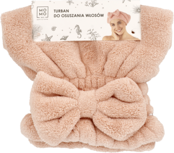 Pudroworóżowy turban MoMo Way do suszenia włosów, miękki, z dużą kokardą, widok z przodu na opakowaniu.