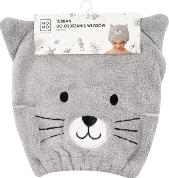 Miękki, szary turban do osuszania włosów dla dzieci, w kształcie kota z uszami i haftowaną twarzą, widok z przodu.