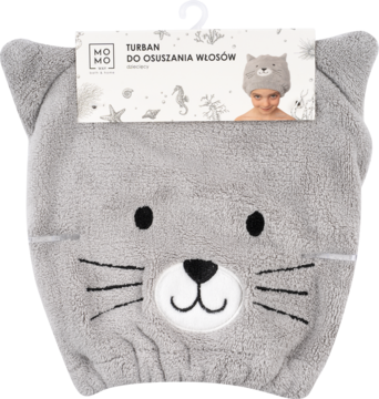 Miękki, szary turban do osuszania włosów dla dzieci, w kształcie kota z uszami i haftowaną twarzą, widok z przodu.