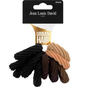 Zestaw Jean Louis David Urban Hair spiralnych gumek do włosów w odcieniach czerni, brązu i beżu, widok z przodu.