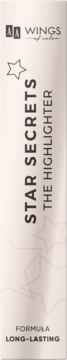 AA WINGS STAR SECRETS THE HIGHLIGHTER, długotrwały, w smukłym beżowym opakowaniu z grafiką gwiazd, przód.