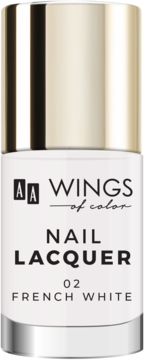 Biały lakier do paznokci AA Wings of Color French White 02, butelka z złotą nakrętką, widok z przodu.