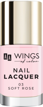AA Wings of Color lakier do paznokci 03 Soft Rose, jasnoróżowy, w szklanej butelce z błyszczącą złotą zakrętką.