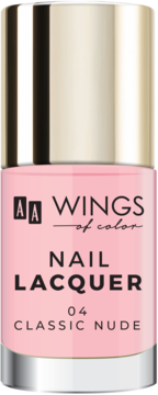 Jasnoróżowy lakier do paznokci AA Wings of Color w szklanej butelce ze złotą nakrętką, z przodu napis Classic Nude.