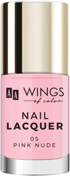Różowy lakier AA WINGS of color Nail Lacquer 05 PINK NUDE, butelka z złotą nakrętką na białym tle.