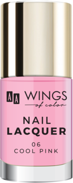 Różowy lakier do paznokci AA Wings of Color Cool Pink, widok z przodu butelki ze złotą nakrętką.