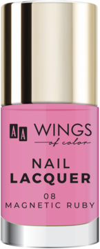 Różowy lakier do paznokci AA Wings of Color Magnetic Ruby 08, widok z przodu, złota nakrętka i srebrny spód.