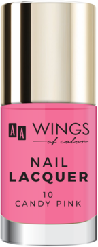 AA WINGS of color lakier do paznokci 10 CANDY PINK, różowa butelka ze złotą zakrętką, widok z przodu.