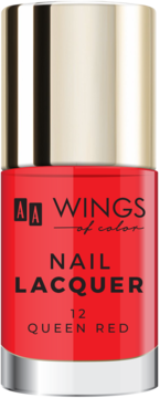 Czerwony lakier do paznokci AA WINGS of color Queen Red nr 12 w szklanej butelce z złotą nakrętką.