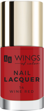 Lakier do paznokci AA Wings of Color o barwie Wine Red, w przezroczystej butelce ze złotą nakrętką, widok z przodu.
