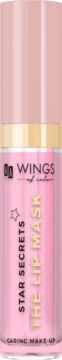 Różowa maska do ust WINGS STAR SECRETS THE LIP MASK z różową zakrętką i złotym pierścieniem, widok z przodu.
