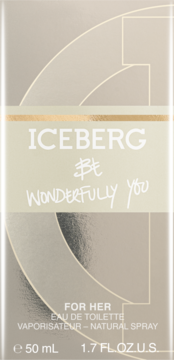 Iceberg Be Wonderfully You Eau de Toilette 50ml, front view of beige and silver box with gold stripe.
