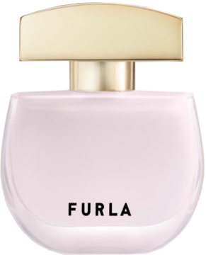 Różowy flakon perfum Furla Autentica EDP, matowe szkło, złota zakrętka. Widok przodem, wyraźny napis FURLA.