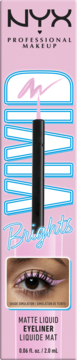 NYX Vivid Brights Matte Liquid Eyeliner w różowym opakowaniu z neonowym napisem, aplikator, i oko z kreską.
