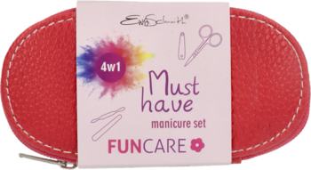 Czerwone, owalne etui z białymi szwami na zestaw manicure Eveline 4w1 "Must have", widok z góry.