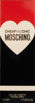 Pudełko Moschino Cheap & Chic EDT 50 ml. Czarno-czerwone z beżowym sercem i brązowym logo, widok z przodu.