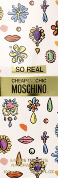 Moschino Cheap and Chic So Real EDT. Białe pudełko z barwnymi rysunkami biżuterii i złotym pasem. Widok z przodu.