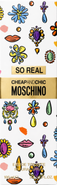 Moschino Cheap and Chic So Real woda toaletowa, białe opakowanie z kolorowymi wzorami i napisami, widok z przodu.
