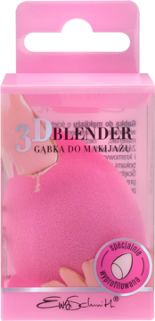 Różowa gąbka do makijażu Ewa Schmitt 3D Blender o ściętym kształcie w przeźroczystym opakowaniu, widok z przodu.