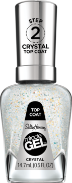 Sally Hansen Miracle Gel Crystal Top Coat, clear bottle with sparkling glitter, silver cap, front view with Step 2 details.