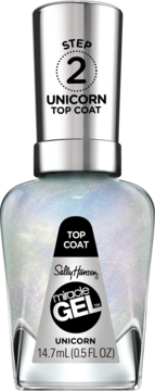 Sally Hansen Miracle Gel Unicorn Top Coat, pearlescent nail polish in clear bottle, front view.