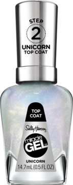 Sally Hansen Miracle Gel Unicorn Top Coat, pearlescent nail polish in clear bottle, front view.