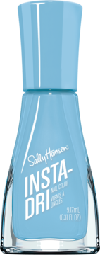 Jasnoniebieski lakier Sally Hansen Insta-Dri w szklanej butelce z pasującą niebieską nakrętką, widok z przodu.