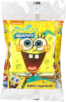 Gąbka kąpielowa SpongeBob w przezroczystym opakowaniu, z uśmiechniętą twarzą bohatera z kreskówki na pierwszym planie.
