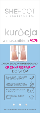 Opakowanie kremu SHEFOOT 40% mocznika do st32p, bia32o-niebieskie, z efektem przed/po.